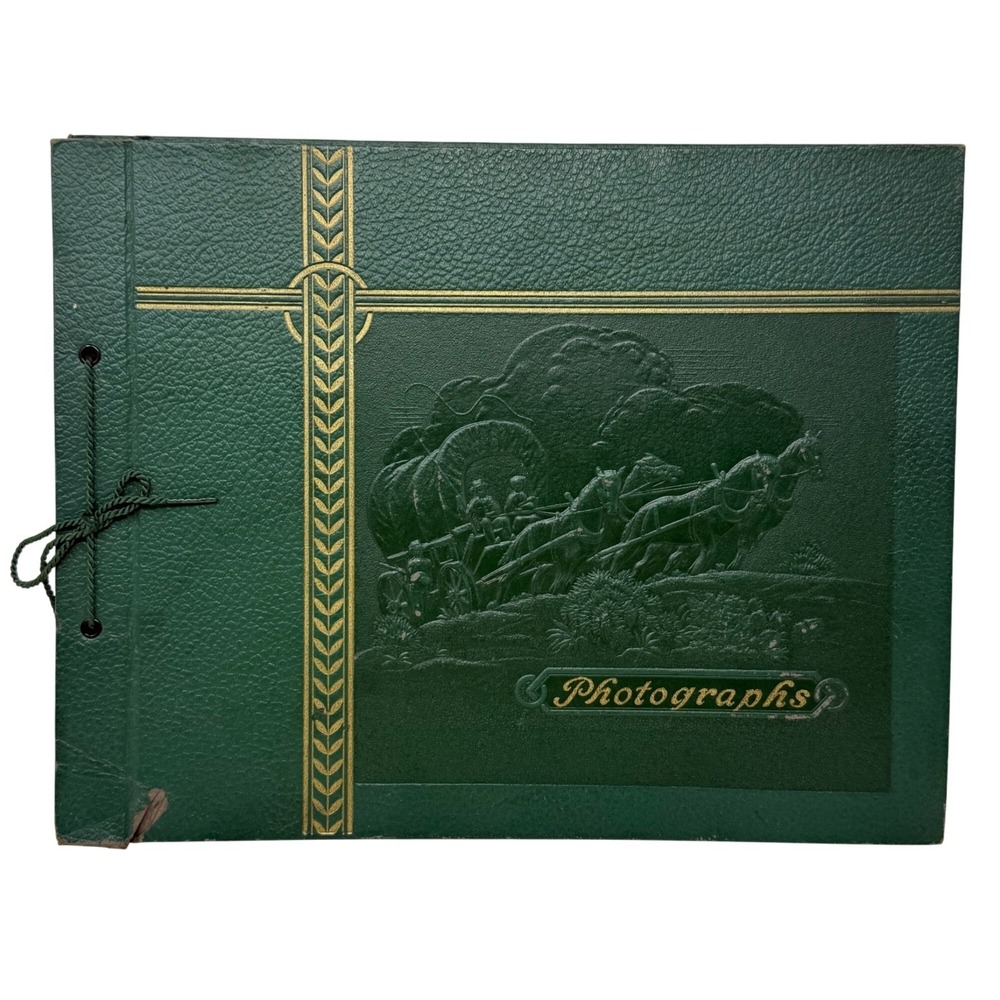 Vtg Green Embossed Photo Album Scrap Book Gold Detail Covered Wagon 13.25 X10.25
